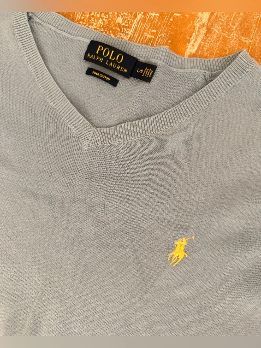 Polo by Ralph Lauren Baby Blue V-Neck Sweater with Yellow Pony SIZE L